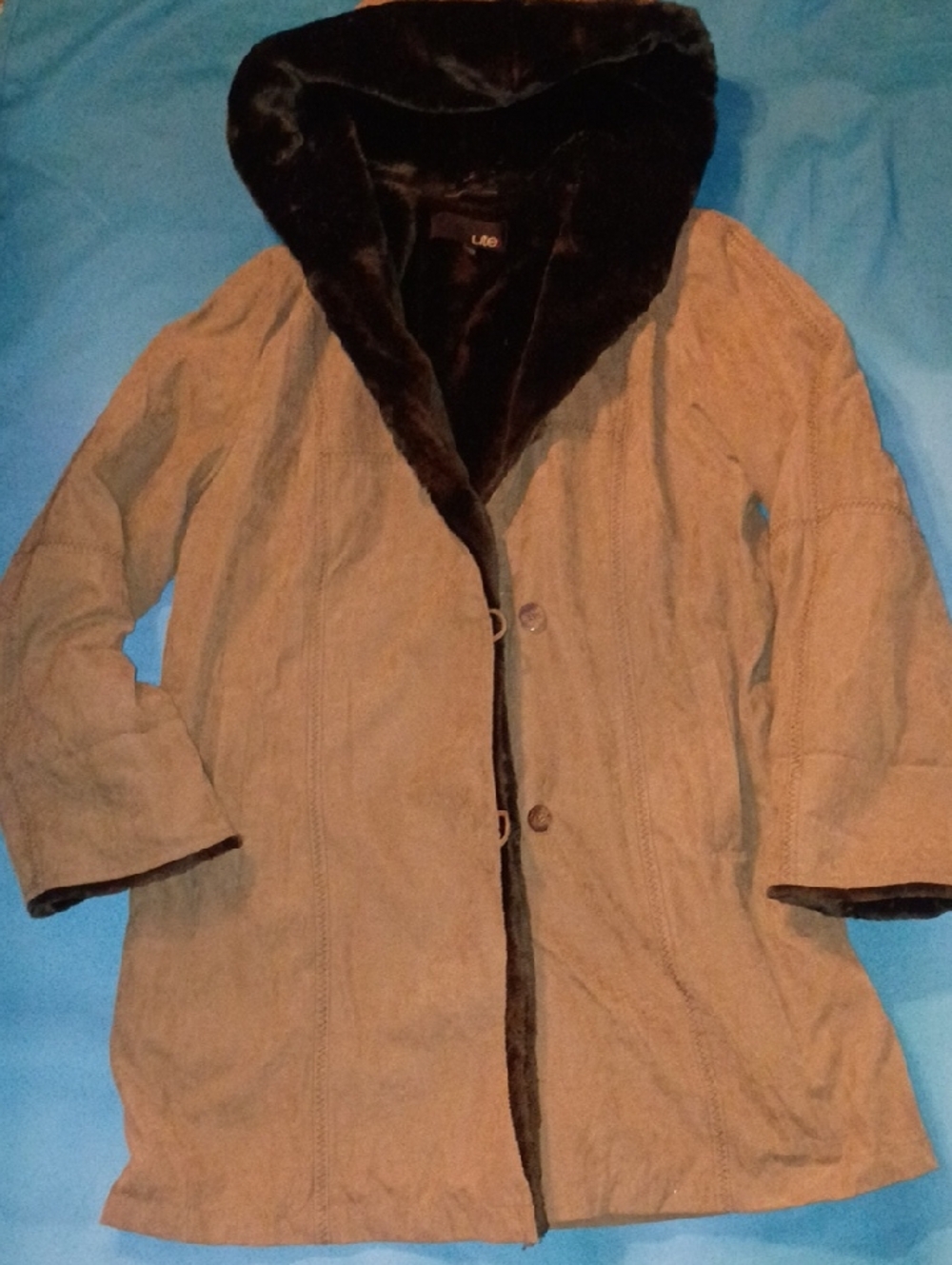 Utex Women's Tan Trench Coat with Dark Brown Faux Fur Hood